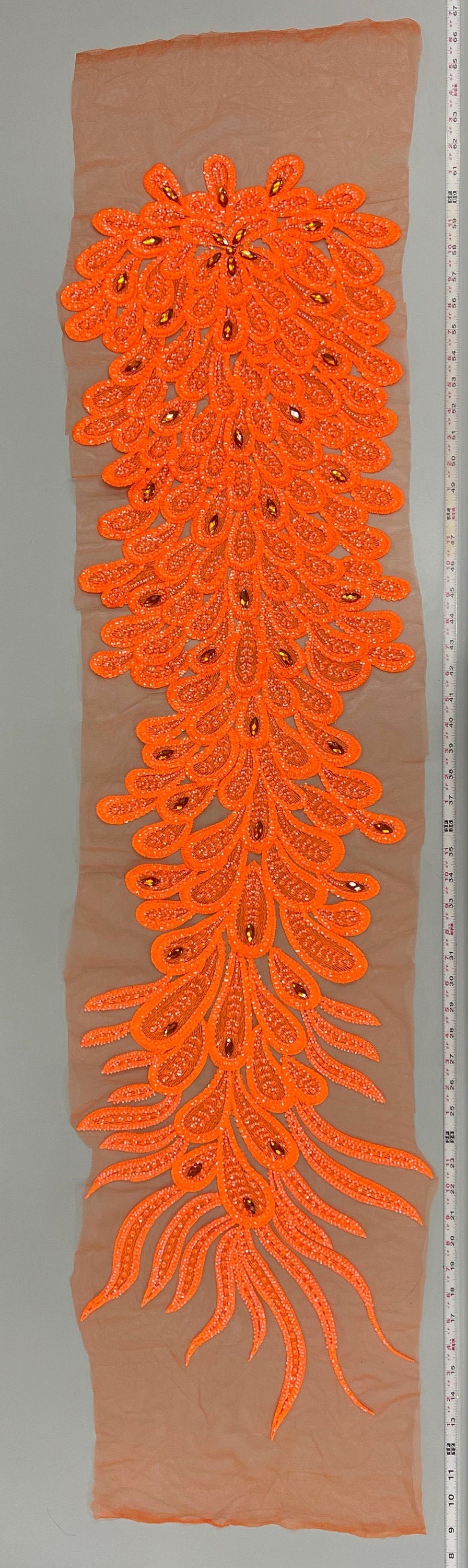Angela NEON ORANGE Vegas Peacock Beaded Sequins Embroidered on Mesh Lace Fabric by Panel - 10227