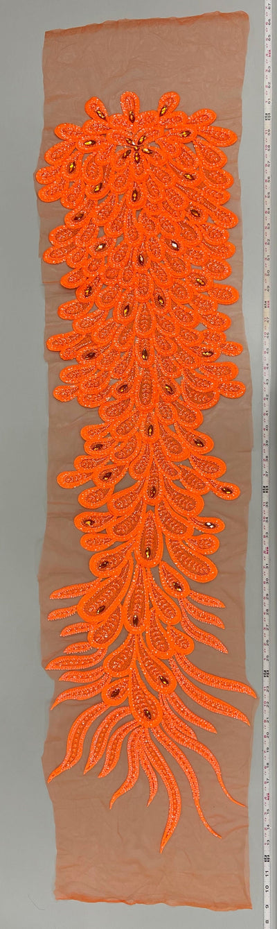 Angela NEON ORANGE Vegas Peacock Beaded Sequins Embroidered on Mesh Lace Fabric by Panel - 10227