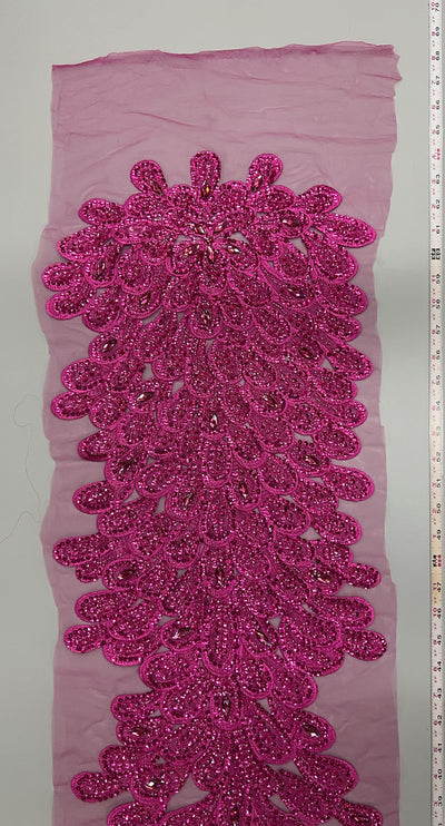 Angela FUCHSIA Vegas Peacock Beaded Sequins Embroidered on Mesh Lace Fabric by Panel - 10227