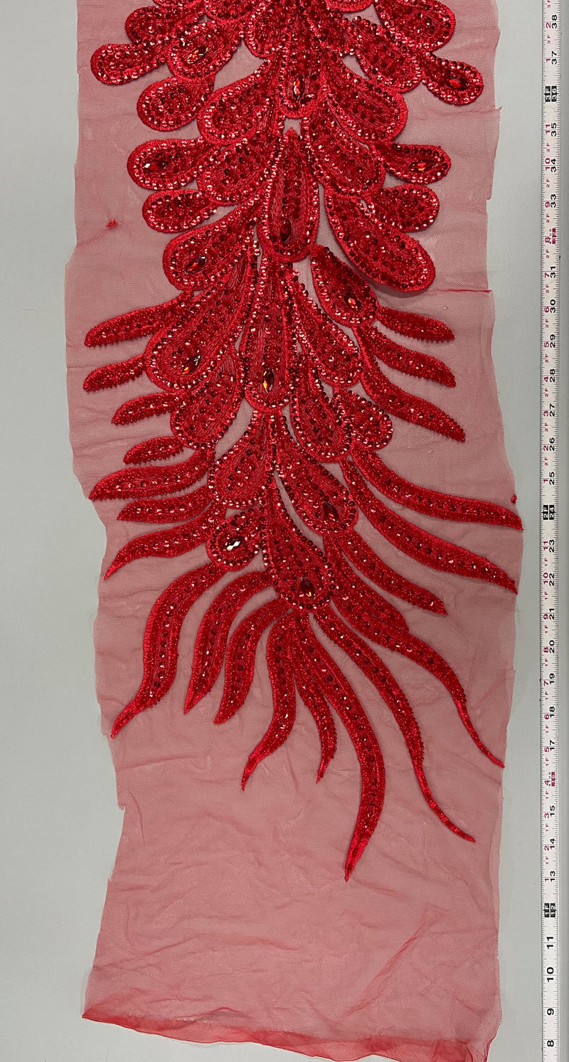 Angela RED Vegas Peacock Beaded Sequins Embroidered on Mesh Lace Fabric by Panel - 10227