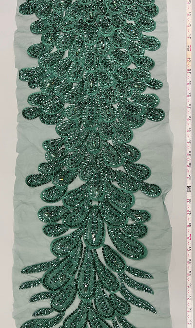 Angela HUNTER GREEN Vegas Peacock Beaded Sequins Embroidered on Mesh Lace Fabric by Panel - 10227