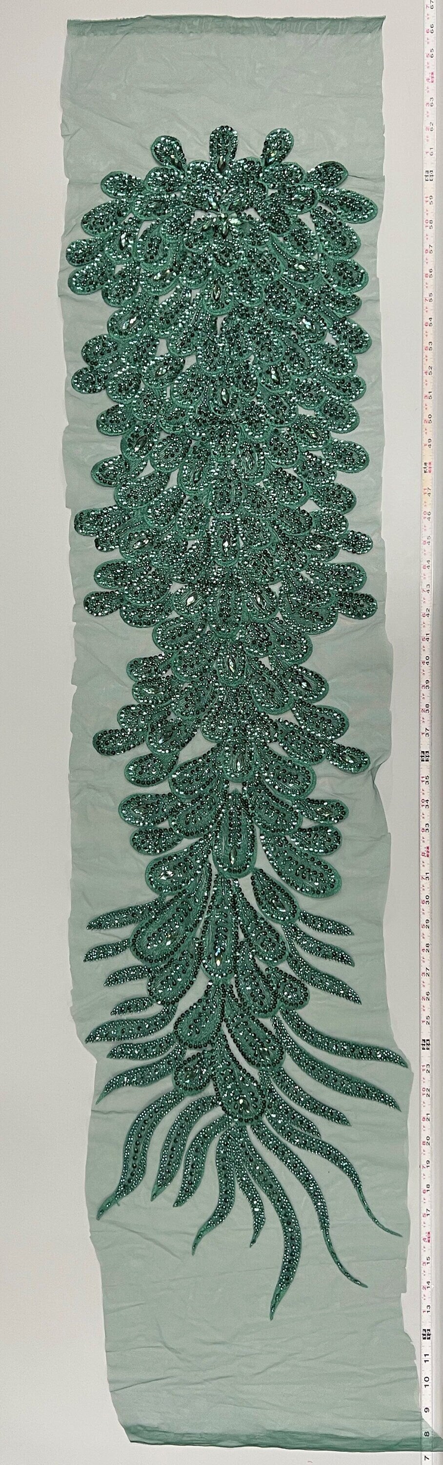 Angela HUNTER GREEN Vegas Peacock Beaded Sequins Embroidered on Mesh Lace Fabric by Panel - 10227