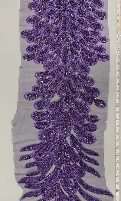 Angela PURPLE Vegas Peacock Beaded Sequins Embroidered on Mesh Lace Fabric by Panel - 10227