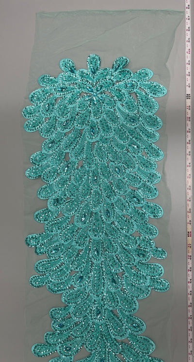 Angela AQUA Vegas Peacock Beaded Sequins Embroidered on Mesh Lace Fabric by Panel - 10227