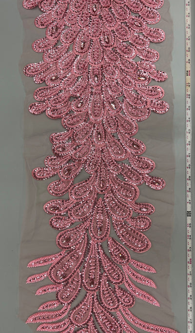 Angela PINK Vegas Peacock Beaded Sequins Embroidered on Mesh Lace Fabric by Panel - 10227