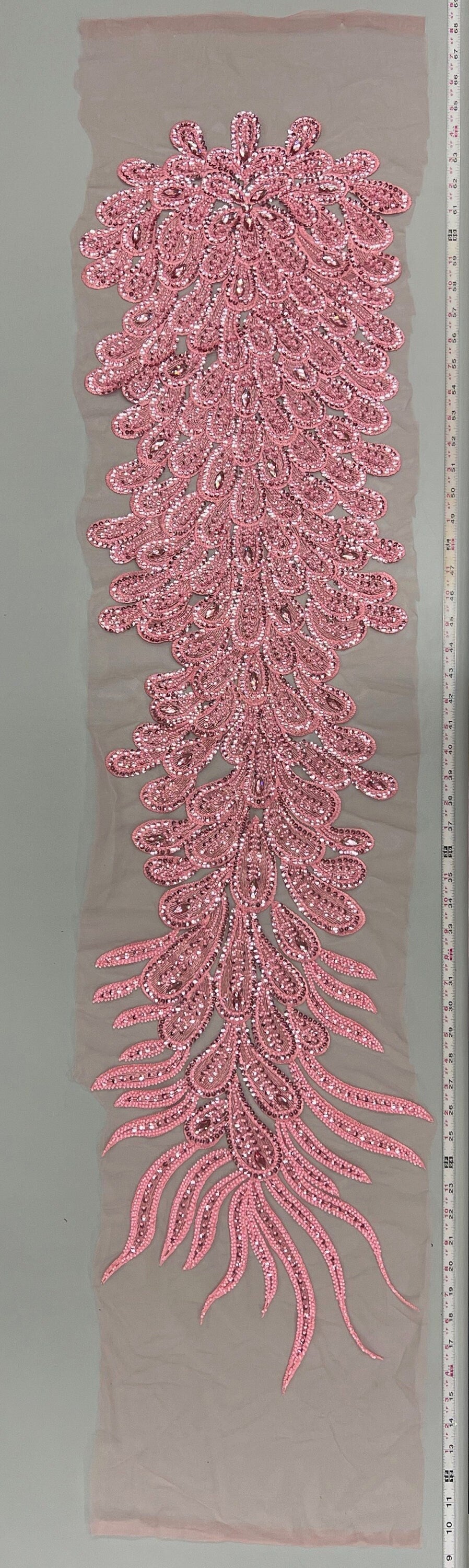 Angela PINK Vegas Peacock Beaded Sequins Embroidered on Mesh Lace Fabric by Panel - 10227