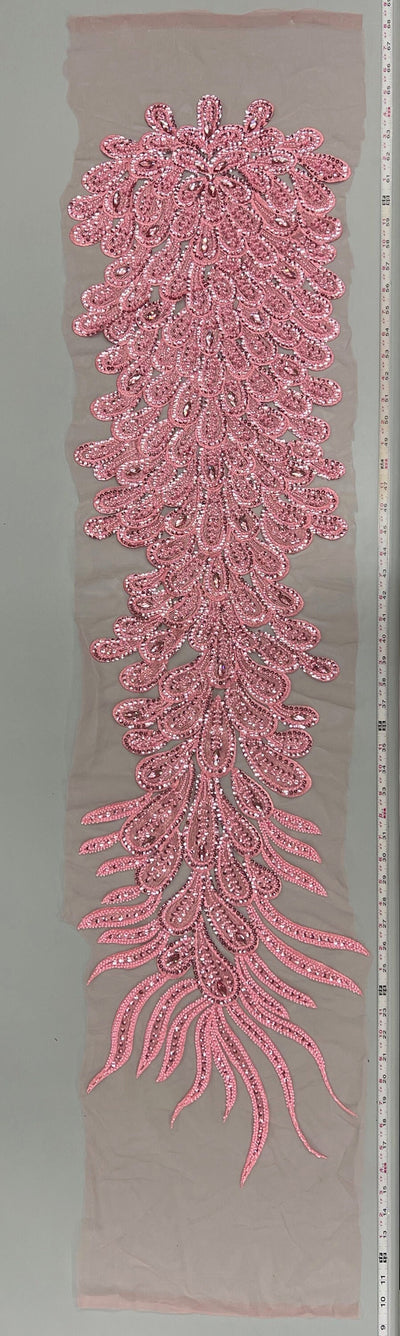 Angela PINK Vegas Peacock Beaded Sequins Embroidered on Mesh Lace Fabric by Panel - 10227