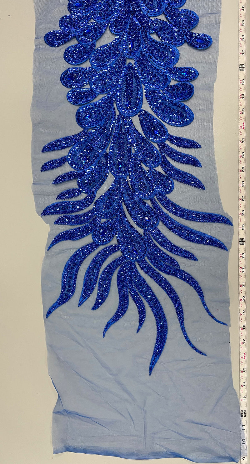 Angela ROYAL BLUE Vegas Peacock Beaded Sequins Embroidered on Mesh Lace Fabric by Panel - 10227