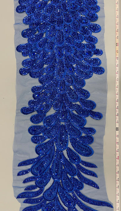 Angela ROYAL BLUE Vegas Peacock Beaded Sequins Embroidered on Mesh Lace Fabric by Panel - 10227