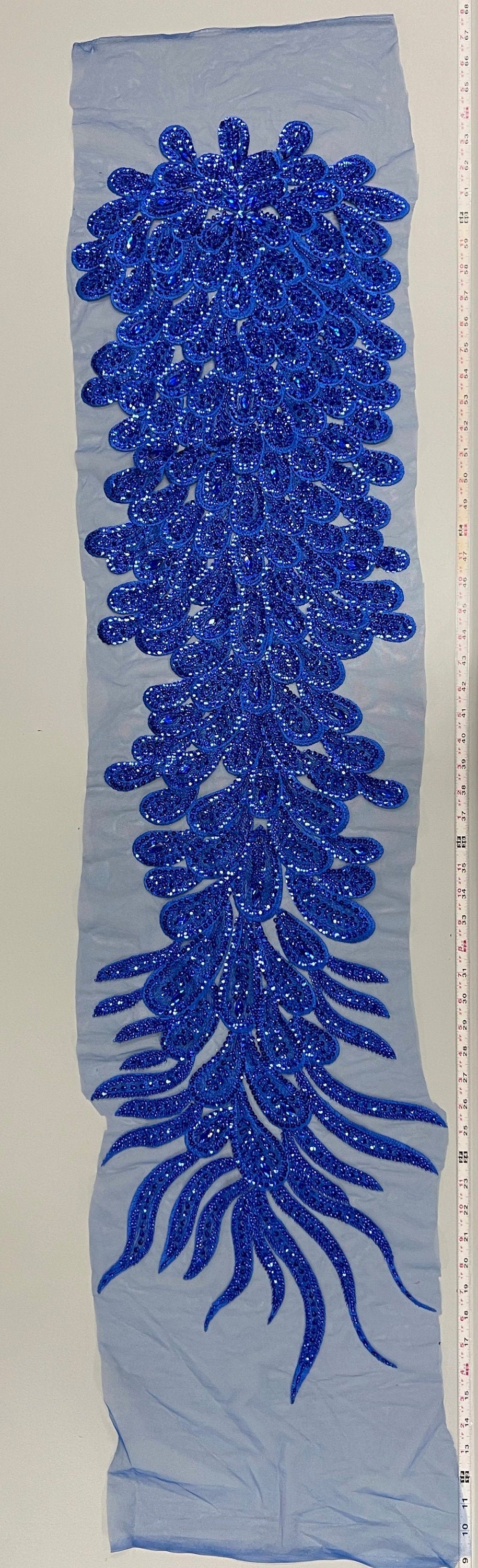 Angela ROYAL BLUE Vegas Peacock Beaded Sequins Embroidered on Mesh Lace Fabric by Panel - 10227