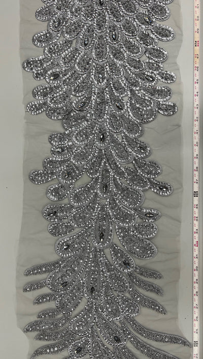 Angela GREY Vegas Peacock Beaded Sequins Embroidered on Mesh Lace Fabric by Panel - 10227