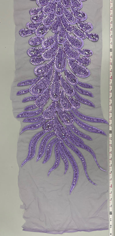 Angela LAVENDER Vegas Peacock Beaded Sequins Embroidered on Mesh Lace Fabric by Panel - 10227