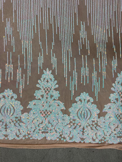 Angelica IRIDESCENT WHITE Curlicues and Leaves Sequins on NUDE Mesh Lace Fabric by the Yard - 10132