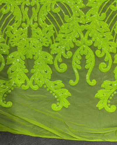 Angelica NEON YELLOW GREEN Curlicues and Leaves Sequins on Mesh Lace Fabric by the Yard - 10132