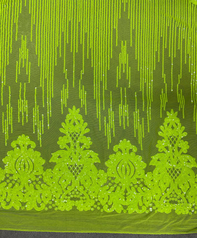 Angelica NEON YELLOW GREEN Curlicues and Leaves Sequins on Mesh Lace Fabric by the Yard - 10132