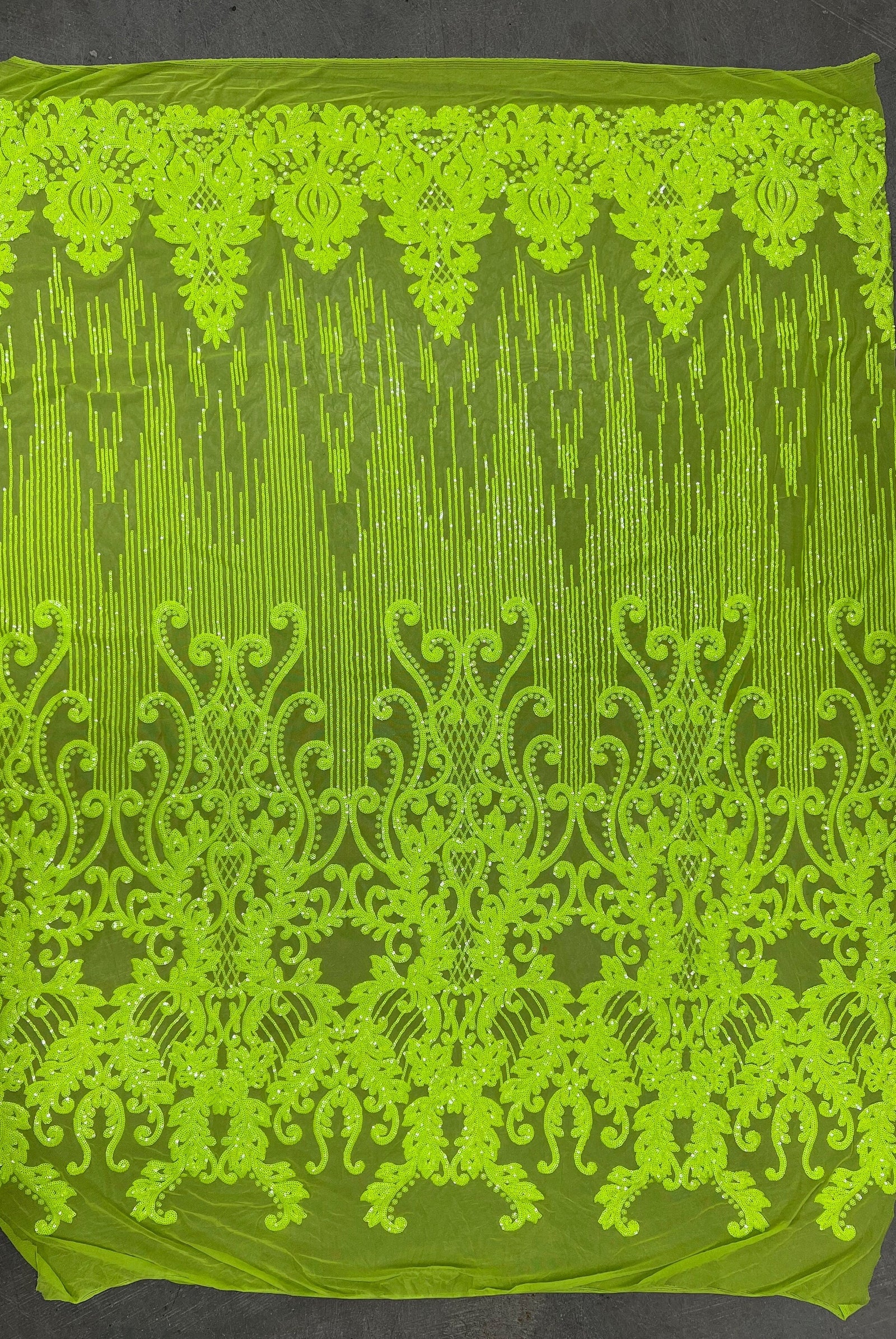 Angelica NEON YELLOW GREEN Curlicues and Leaves Sequins on Mesh Lace Fabric by the Yard - 10132