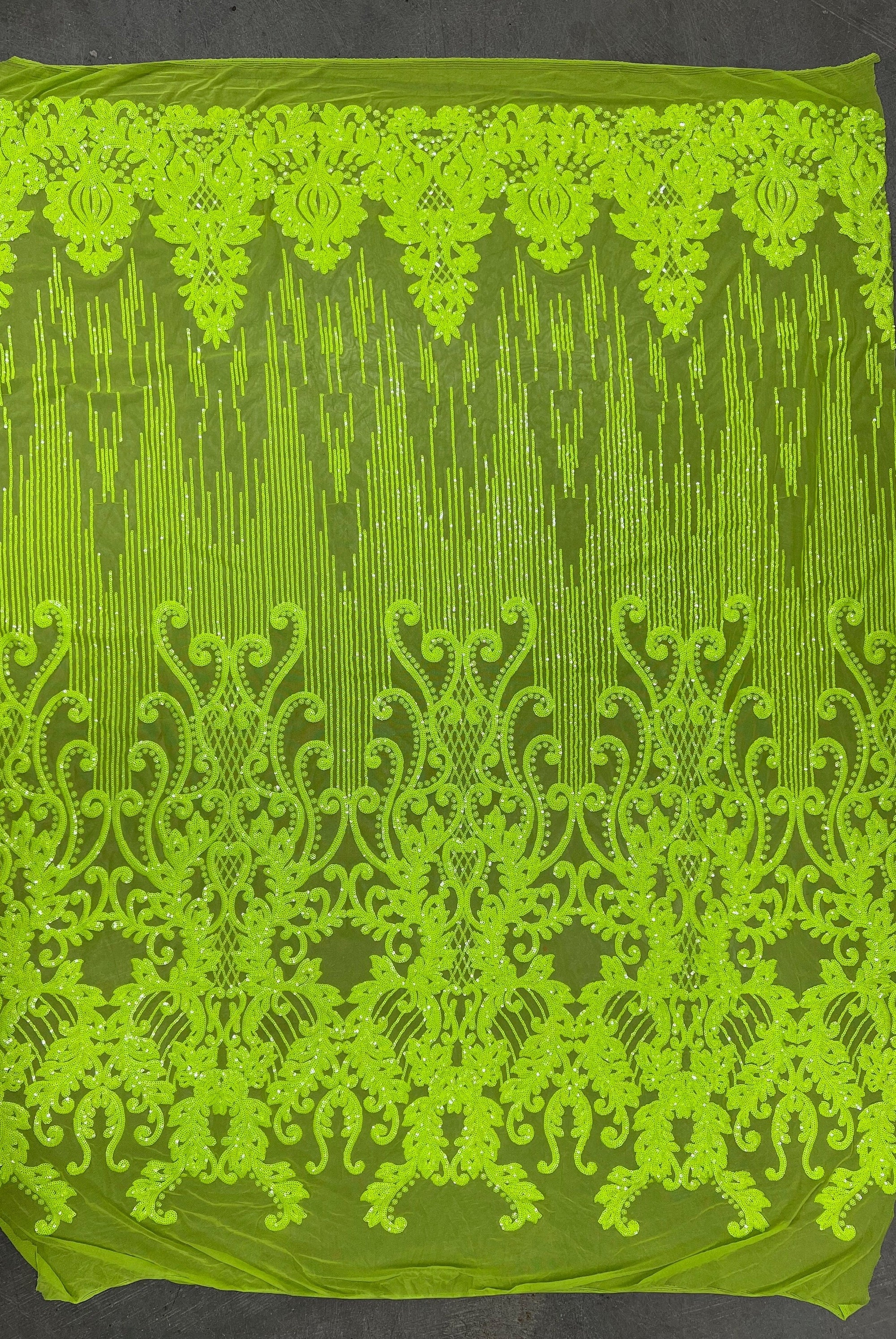 Angelica NEON YELLOW GREEN Curlicues and Leaves Sequins on Mesh Lace Fabric by the Yard - 10132