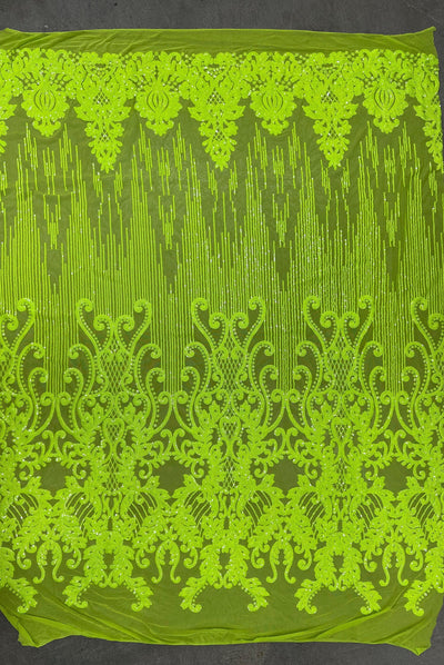 Angelica NEON YELLOW GREEN Curlicues and Leaves Sequins on Mesh Lace Fabric by the Yard - 10132