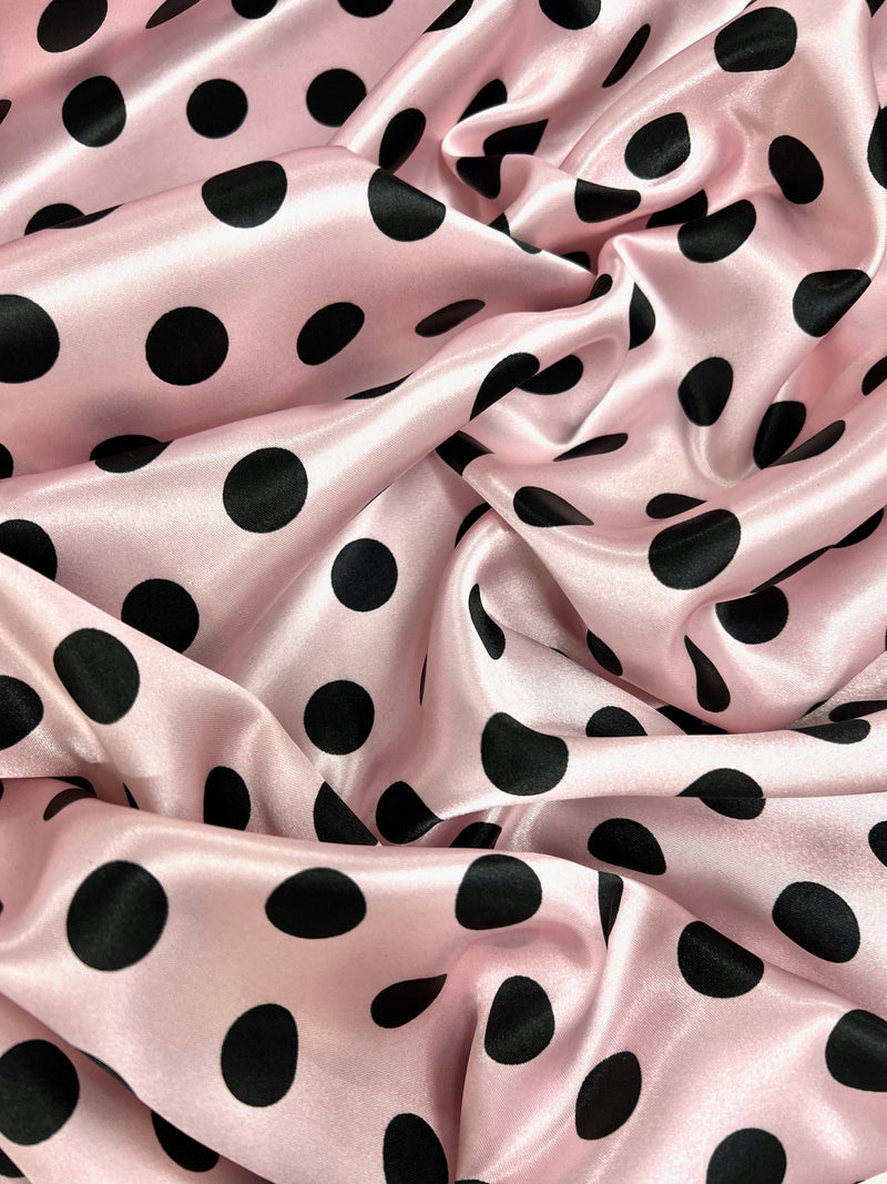 Shelby 0.75" BLACK Polka Dots on BLUSH Polyester Light Weight Satin Fabric by the Yard