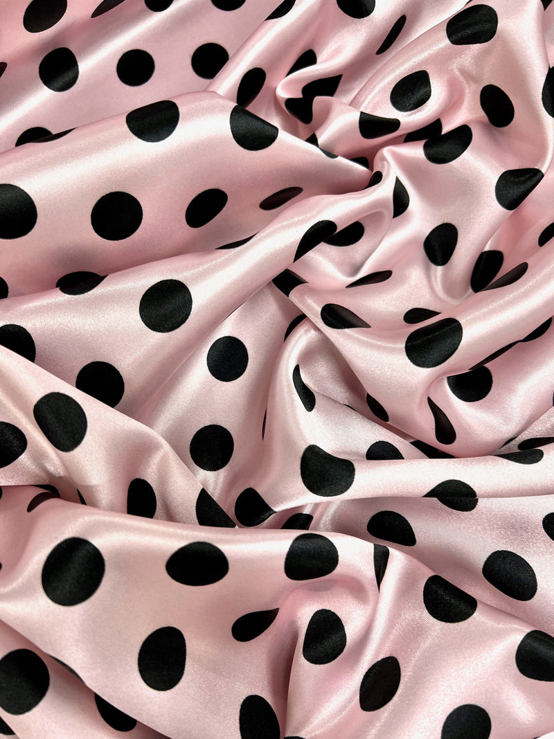 Shelby 0.75" BLACK Polka Dots on BLUSH PINK Polyester Light Weight Satin Fabric by the Yard - 10070