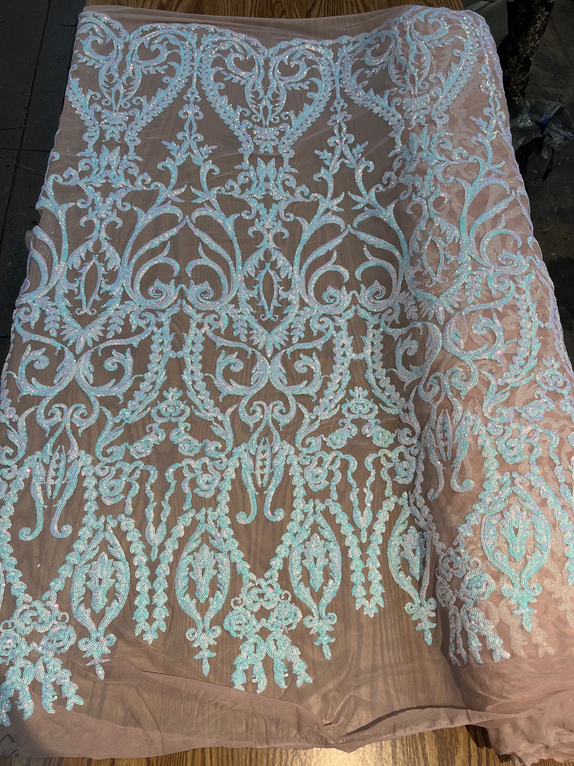 Esmeralda IRIDESCENT WHITE Sequins on NUDE Mesh Lace Fabric by the Yard - 10102