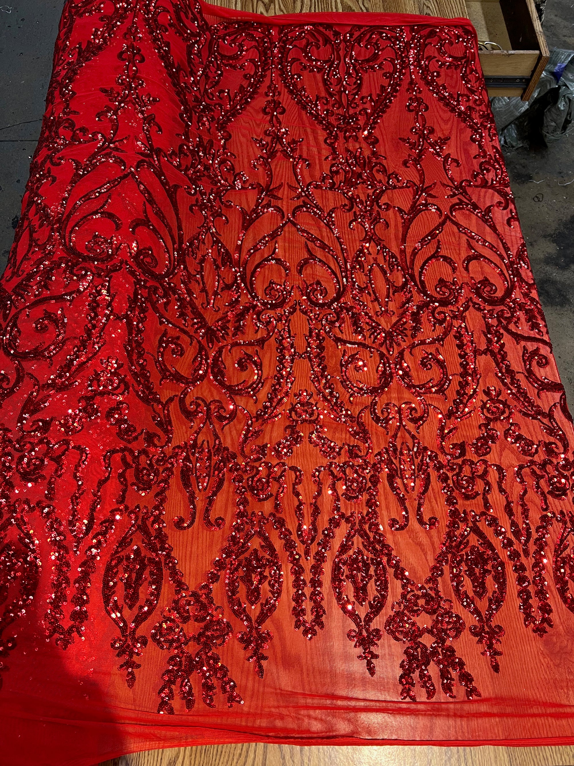Esmeralda RED Sequins on Mesh Lace Fabric by the Yard - 10102