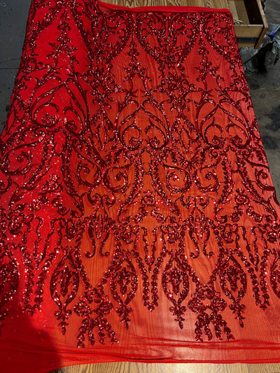Esmeralda RED Sequins on Mesh Lace Fabric by the Yard - 10102
