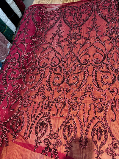 Esmeralda BURGUNDY Sequins on Mesh Lace Fabric by the Yard - 10102