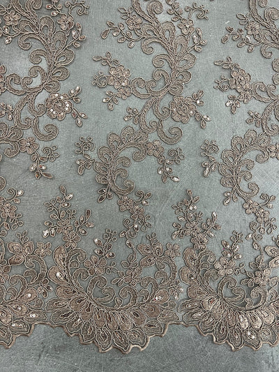 Melody TOFFEE Polyester Floral Embroidery with Sequins on Mesh Lace Fabric by the Yard for Gown, Wedding, Bridesmaid, Prom - 10002