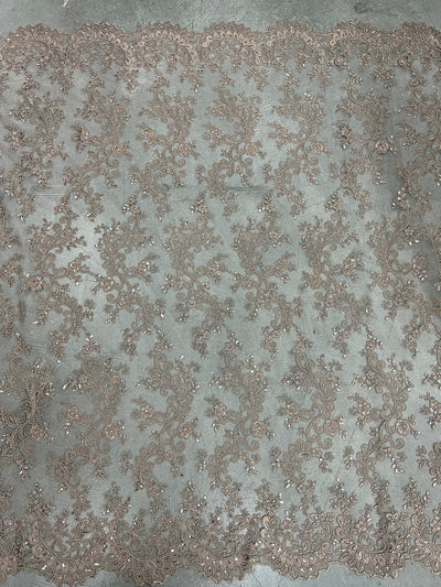 Melody TOFFEE Polyester Floral Embroidery with Sequins on Mesh Lace Fabric by the Yard for Gown, Wedding, Bridesmaid, Prom - 10002