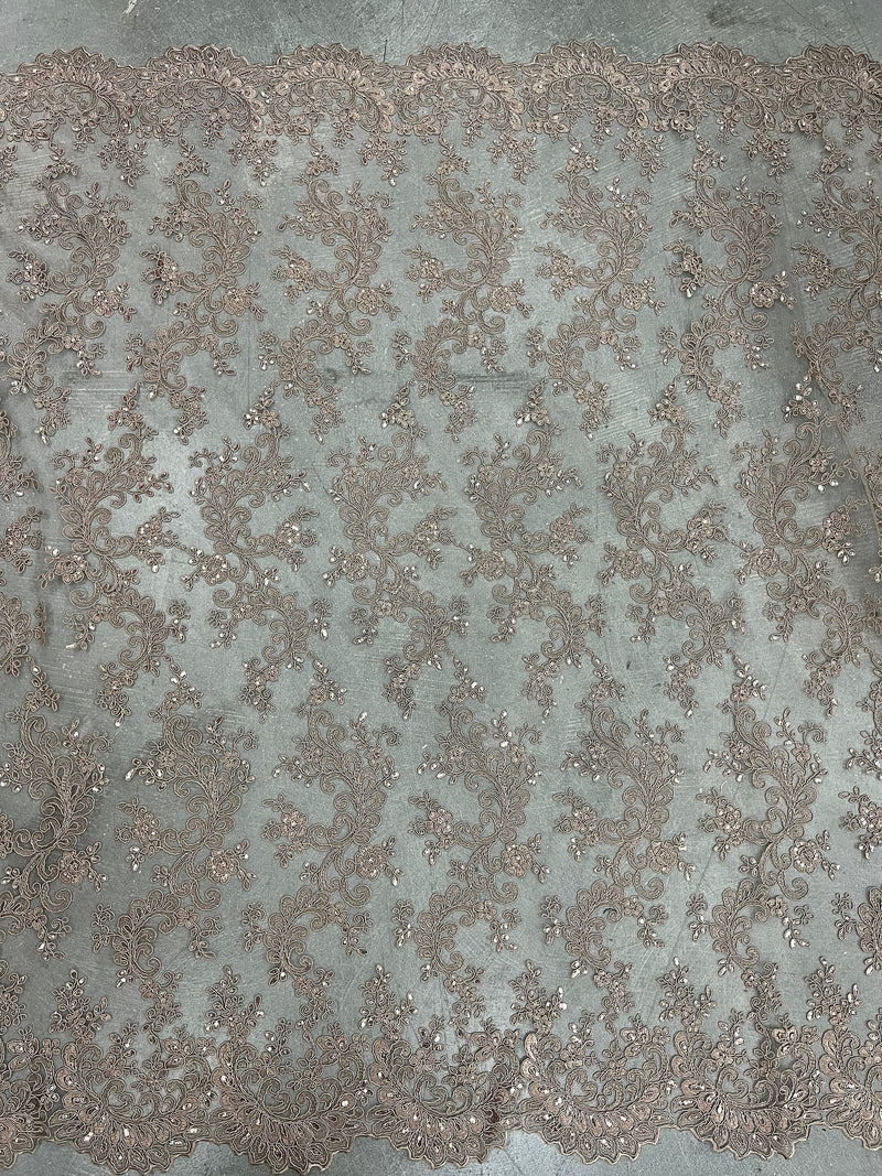 Melody TOFFEE Polyester Floral Embroidery with Sequins on Mesh Lace Fabric by the Yard for Gown, Wedding, Bridesmaid, Prom - 10002