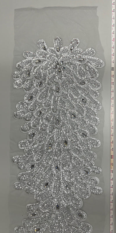 Angela SILVER Vegas Peacock Beaded Sequins Embroidered on Mesh Lace Fabric by Panel - 10227