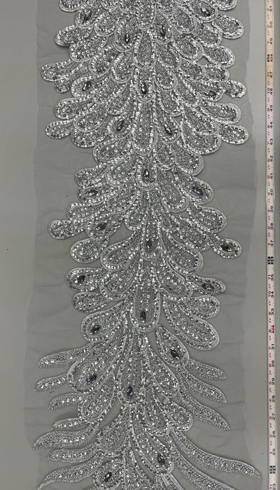 Angela SILVER Vegas Peacock Beaded Sequins Embroidered on Mesh Lace Fabric by Panel - 10227