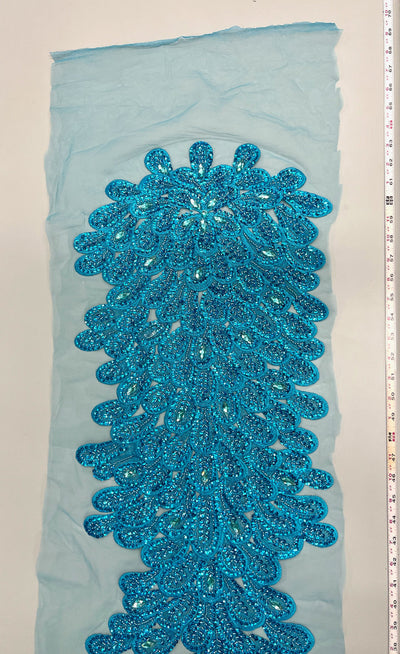 Angela TURQUOISE Vegas Peacock Beaded Sequins Embroidered on Mesh Lace Fabric by Panel - 10227