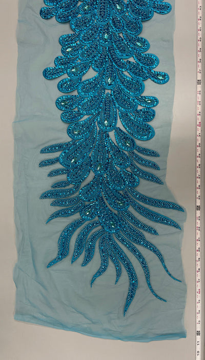 Angela TURQUOISE Vegas Peacock Beaded Sequins Embroidered on Mesh Lace Fabric by Panel - 10227