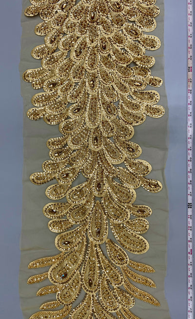 Angela GOLD Vegas Peacock Beaded Sequins Embroidered on Mesh Lace Fabric by Panel - 10227