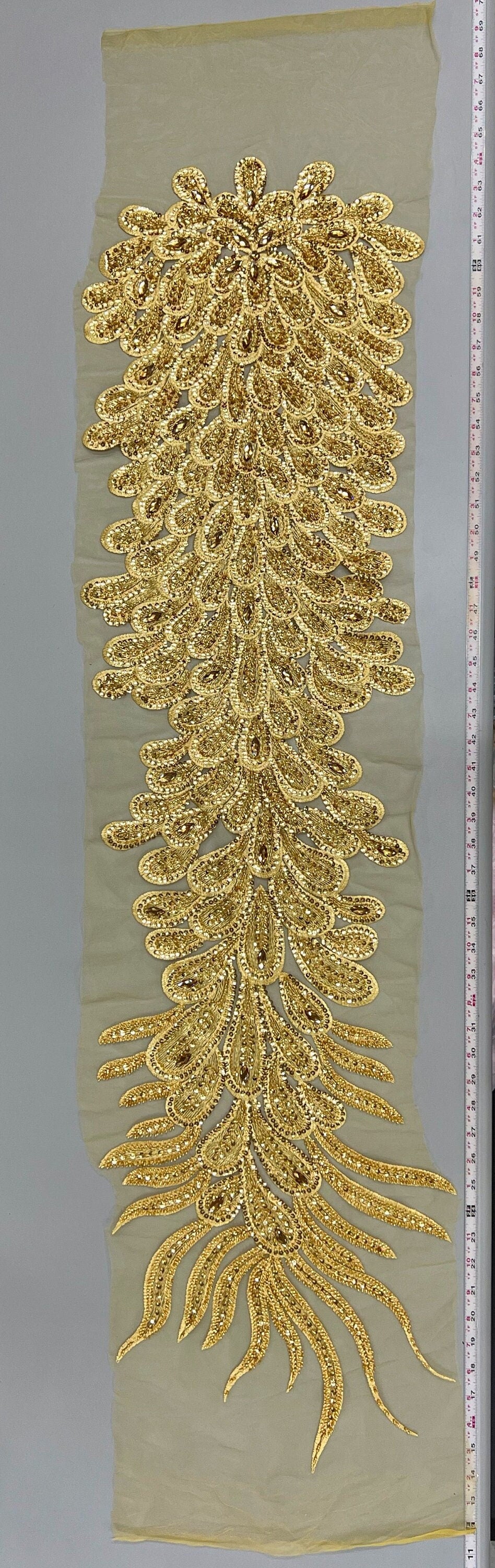 Angela GOLD Vegas Peacock Beaded Sequins Embroidered on Mesh Lace Fabric by Panel - 10227