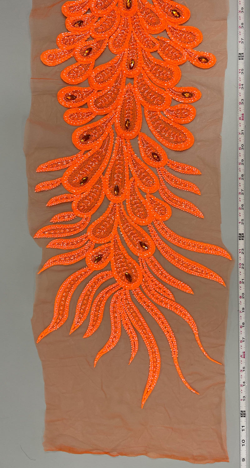 Angela NEON ORANGE Vegas Peacock Beaded Sequins Embroidered on Mesh Lace Fabric by Panel - 10227