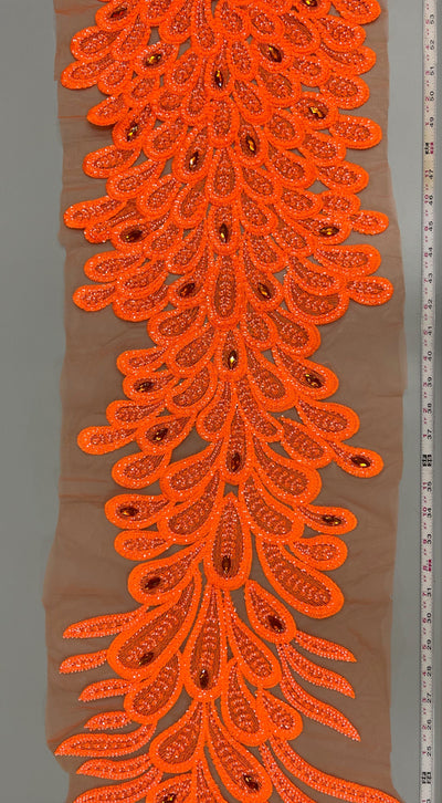 Angela NEON ORANGE Vegas Peacock Beaded Sequins Embroidered on Mesh Lace Fabric by Panel - 10227