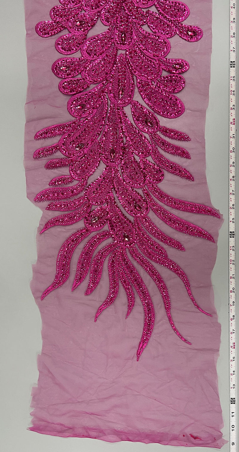 Angela FUCHSIA Vegas Peacock Beaded Sequins Embroidered on Mesh Lace Fabric by Panel - 10227