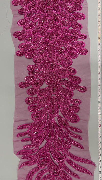 Angela FUCHSIA Vegas Peacock Beaded Sequins Embroidered on Mesh Lace Fabric by Panel - 10227