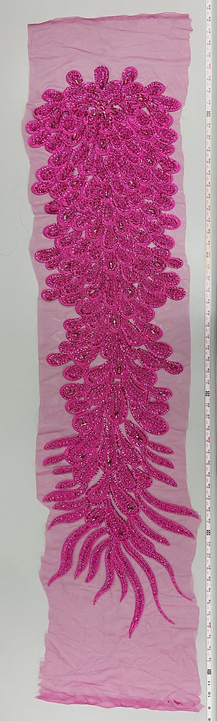 Angela FUCHSIA Vegas Peacock Beaded Sequins Embroidered on Mesh Lace Fabric by Panel - 10227