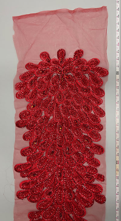 Angela RED Vegas Peacock Beaded Sequins Embroidered on Mesh Lace Fabric by Panel - 10227