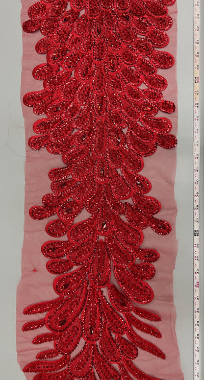 Angela RED Vegas Peacock Beaded Sequins Embroidered on Mesh Lace Fabric by Panel - 10227
