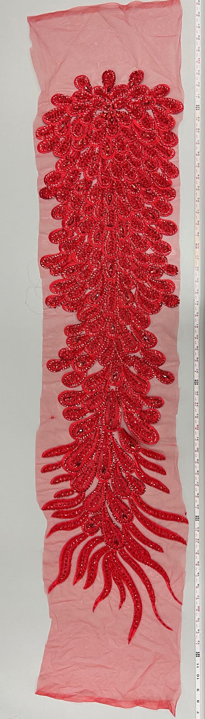 Angela RED Vegas Peacock Beaded Sequins Embroidered on Mesh Lace Fabric by Panel - 10227
