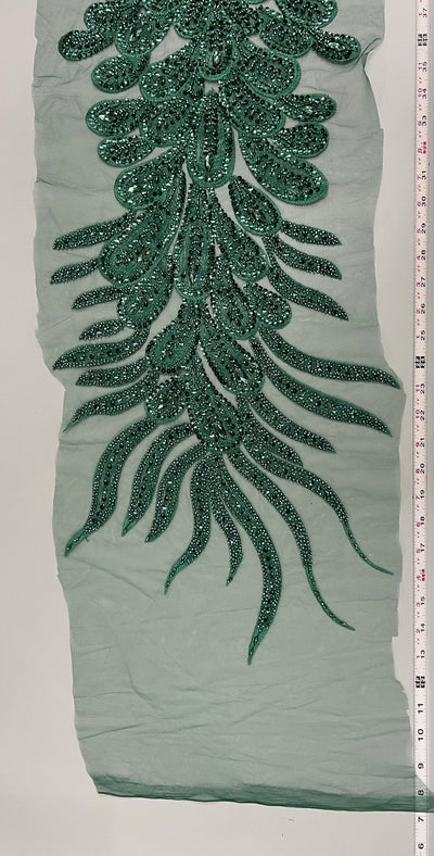 Angela HUNTER GREEN Vegas Peacock Beaded Sequins Embroidered on Mesh Lace Fabric by Panel - 10227