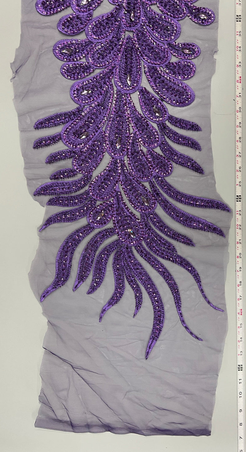 Angela PURPLE Vegas Peacock Beaded Sequins Embroidered on Mesh Lace Fabric by Panel - 10227