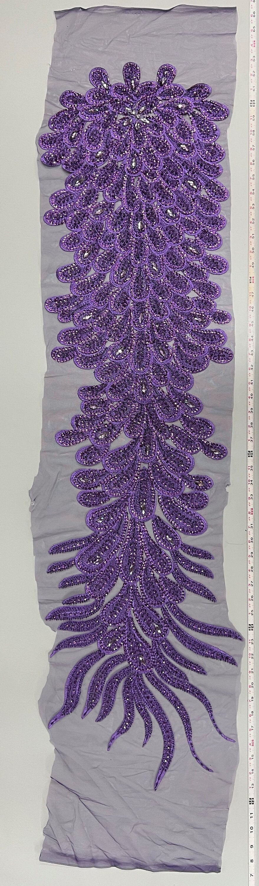 Angela PURPLE Vegas Peacock Beaded Sequins Embroidered on Mesh Lace Fabric by Panel - 10227