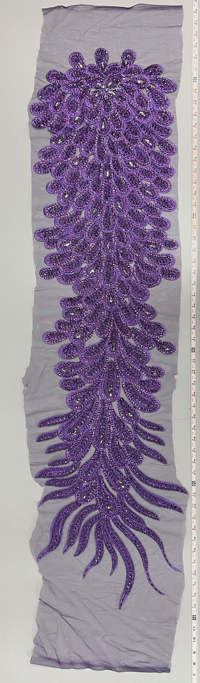 Angela PURPLE Vegas Peacock Beaded Sequins Embroidered on Mesh Lace Fabric by Panel - 10227