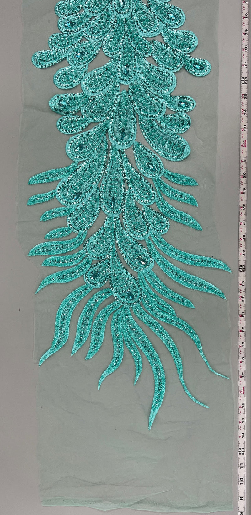 Angela AQUA Vegas Peacock Beaded Sequins Embroidered on Mesh Lace Fabric by Panel - 10227